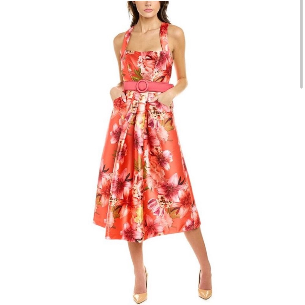 Kay Unger Coral Floral Halter Dress
